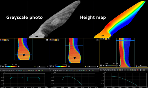 Ispezione del profilo alare superiore dell'elica di un drone